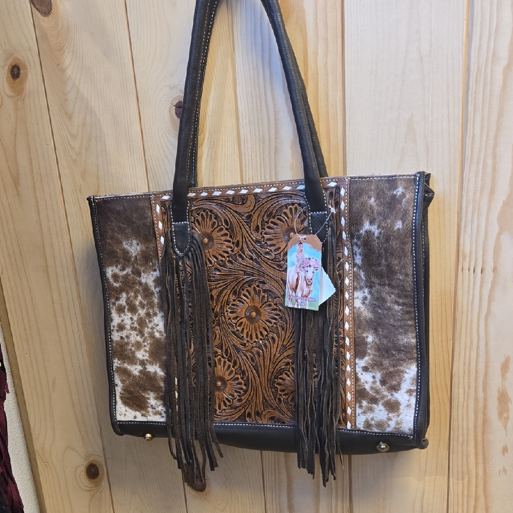 Brown and Tan Fringed Tote Bag